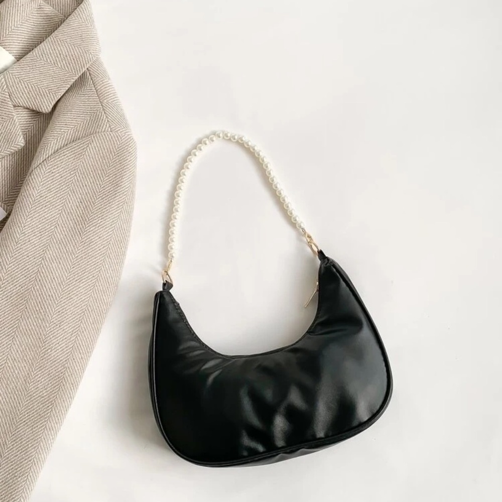 Black Faux Leather Shoulder Bag with Pearl Bader Strap | NWT - Picture 4 of 8